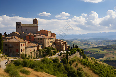 山顶上的美丽村庄背景图片