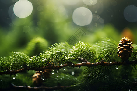 水滴点缀的松树背景图片