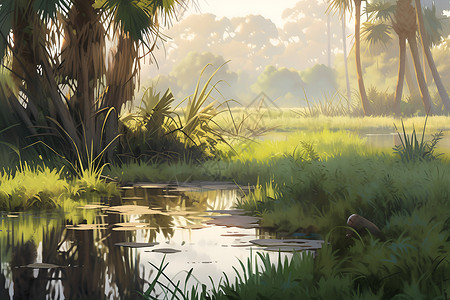 杭州西溪湿地景色草丛在湿地地面上插画
