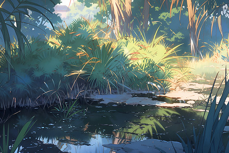 杭州西溪湿地景色草丛在湿地下的阴影插画