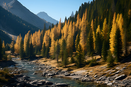 山脉与森林间流淌的河流背景图片