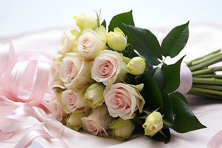 浪漫玫瑰束上的粉色丝带背景图片