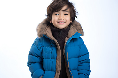 穿大衣男孩冬天中的快乐笑容背景