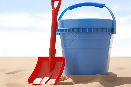 塑料小铲子沙滩上的蓝桶和红铲子背景