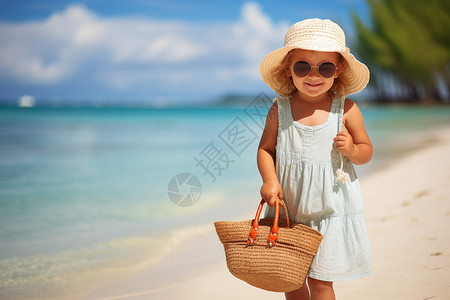 沙滩开心沙滩上开心的小女孩背景