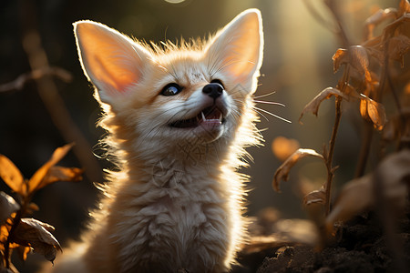 坏笑狐狸树叶石头上的狐狸背景