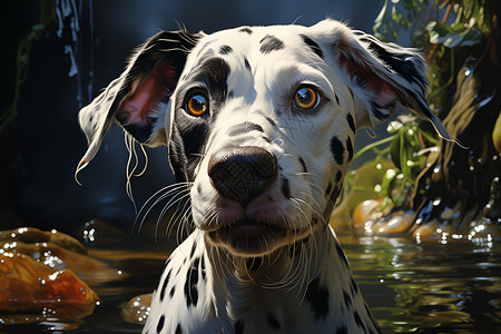 淡化色斑河流中的斑点小狗插画