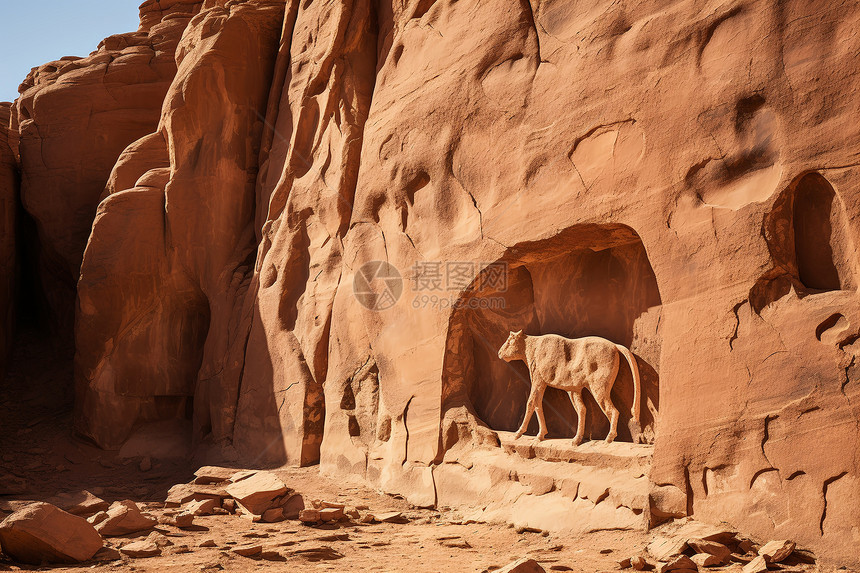 沙漠峭壁上的动物雕刻图片
