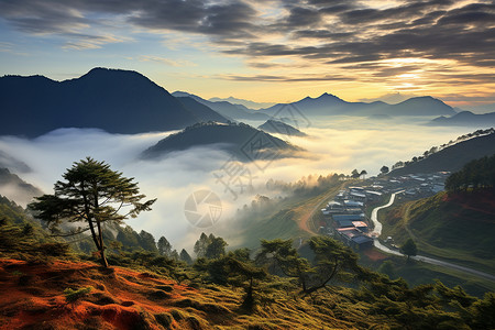 云雾山脉中的建筑乡村背景图片