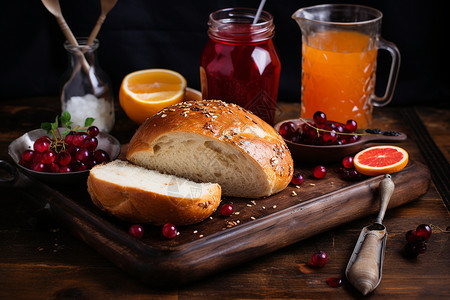 木板上美味的面包和果汁背景图片