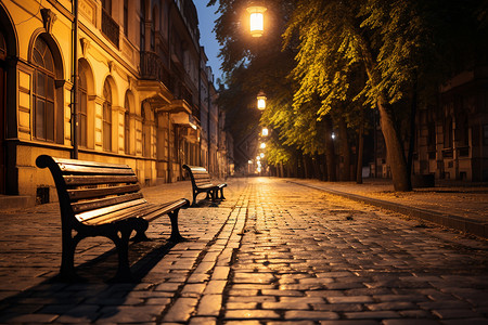 夜晚街道中的长椅和路灯背景图片