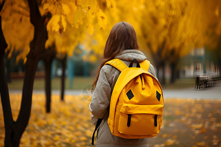 黄色学生背包秋天看落叶的孩子背景