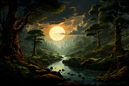 森林中的一个圆月背景图片