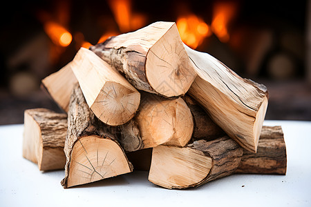 冬天木柴堆原木木质料高清图片