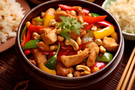 美味的中式菜肴炒鸡丁高清图片
