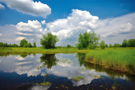 天空下的田园湖景背景图片