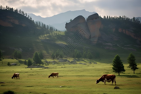牧群与山脉背景图片