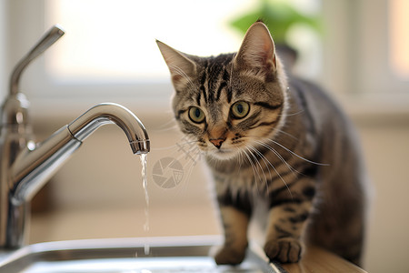 猫咪喝水厨房洗池旁的一只猫咪背景