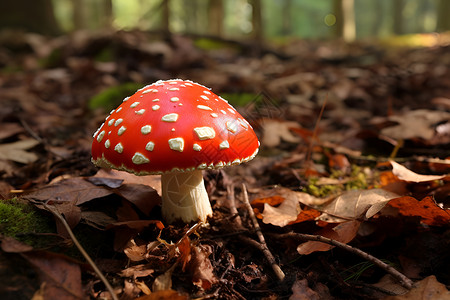伞菌目森林中的红白斑点小蘑菇背景