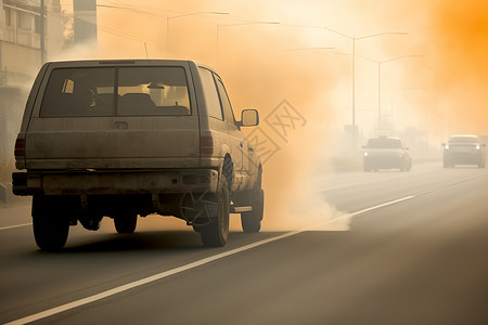 污染气体一辆卡车在街道上行驶背景