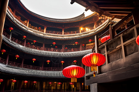 中国风圆窗红灯笼下的圆窗背景