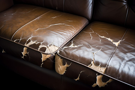 一个破旧的褐色皮质沙发背景图片