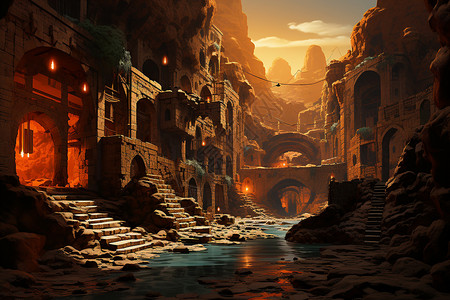 古代建筑和河流背景图片