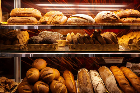 香喷喷的面包陈列在橱窗中高清图片