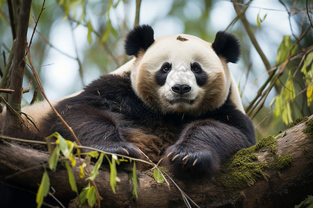 呆萌大熊猫树干上的大熊猫背景