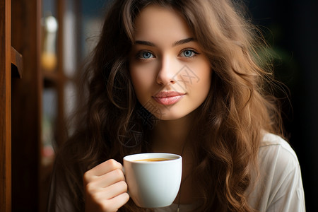 休闲喝咖啡的年轻女子背景图片
