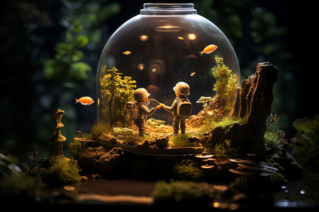 创意鱼缸鱼缸里的微缩世界插画