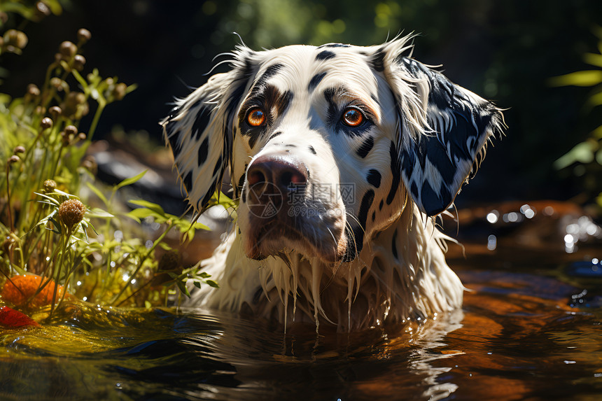 丛林河流中玩耍的斑点犬图片