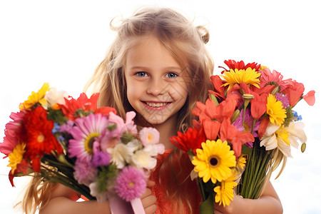 抱着鲜花的可爱女孩背景图片