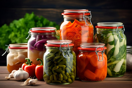 五彩的腌制蔬菜罐子背景图片