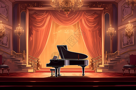 音乐厅演奏舞台上表演的钢琴插画