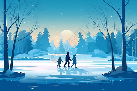 冰面上行走的一家人背景图片