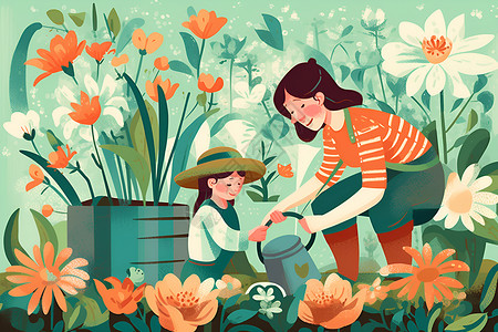 浇水花园繁荣花园的母女插画