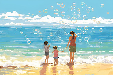 海滩一家人海边快乐的一家人插画