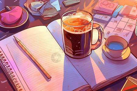 桌子上的笔记本笔记本上的一杯咖啡插画