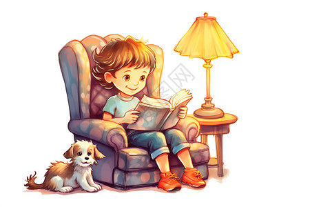 阅读笔记沙发上读书的小孩插画