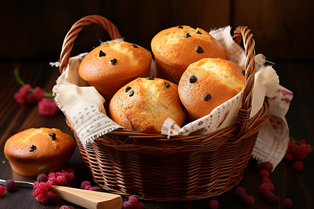 一篮子水果一篮子美味的面包背景