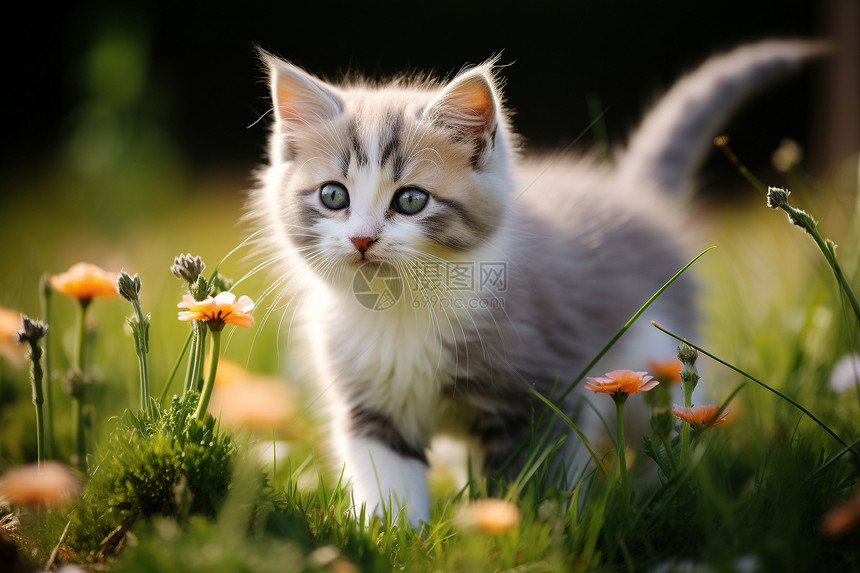 小猫漫步花草丛中图片