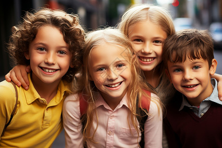 一群孩子在街角站在一起向相机微笑他们互相搂着对方的手臂背景