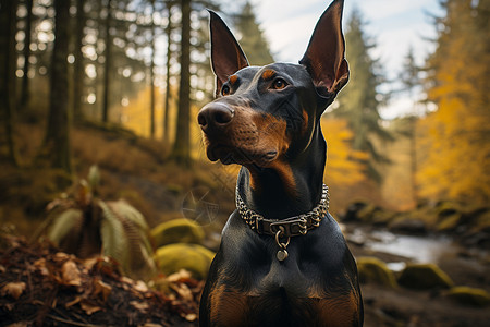 户外森林中的黑色犬只背景图片