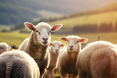 堤羊羔山坡上的羊群背景