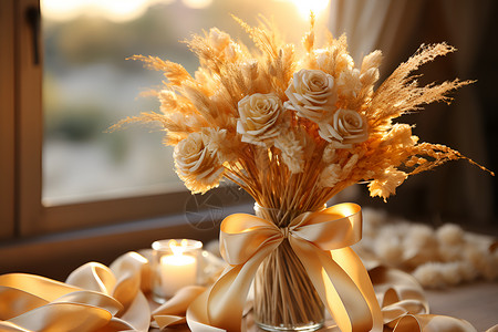小麦装饰丝带包裹的金色小麦秸秆花束背景