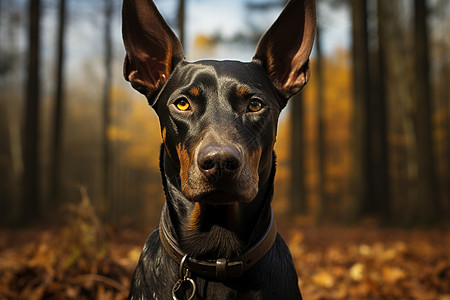 一只黑色狗表情憨厚的在森林中背景图片
