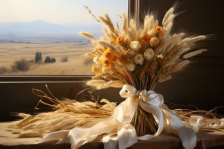金黄丝带窗台边的一束金黄麦穗背景