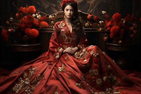 一位身着中国绣花婚纱的女子背景图片