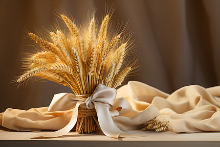 麦穗花边装饰一束装饰有丝带的麦穗背景